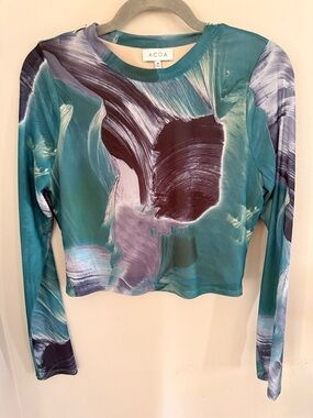 ACOA Teal Abstract-Print Long Sleeve Crop Tee